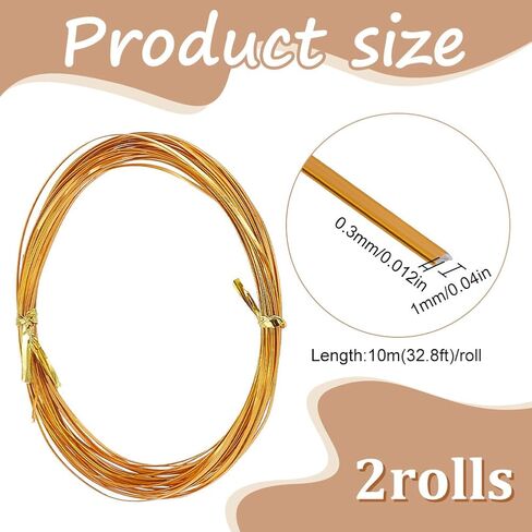 WEBEEDY 0.3mm Thick Flat Aluminum Wire for DIY Filigree Cloisonne Enamel Painting, 29 Gauge Gold Bendable Metal Wires for DIY Jewelry Beading Making Enamel Craft Supplies (32.8 Feet/Roll, 2 Rolls) in Saudi Arabia