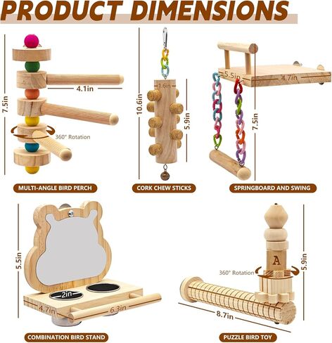 5PCS Bird Perch and Toy Set. Includes a Perch, Feeder, Swing, and Chew Toy. Hangable Natural Solid Wood Birdcage Accessories, Suitable for Small Budgies, Cockatiels, Conures, Lovebirds, Etc. in Saudi Arabia