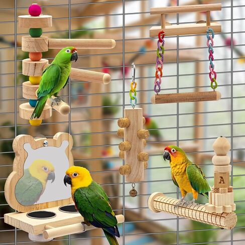 5PCS Bird Perch and Toy Set. Includes a Perch, Feeder, Swing, and Chew Toy. Hangable Natural Solid Wood Birdcage Accessories, Suitable for Small Budgies, Cockatiels, Conures, Lovebirds, Etc. in Saudi Arabia