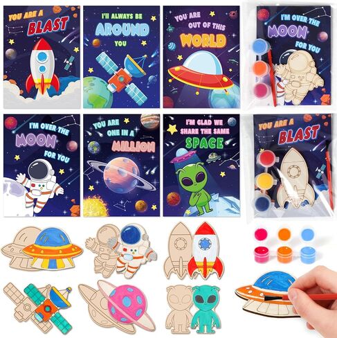 Valentine's Day Cards For Kids School, 24Pack Valentine's Day Cards for Kids With DIY Wooden Crafts Painting Kit, Valentines Day Gifts for Kids Classroom Exchange, Party Favors Activities Prizes in Saudi Arabia