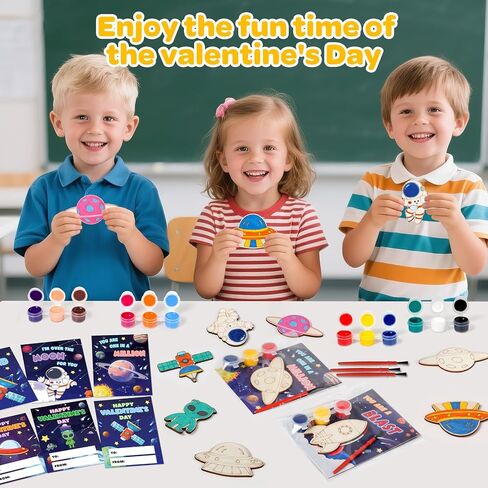 Valentine's Day Cards For Kids School, 24Pack Valentine's Day Cards for Kids With DIY Wooden Crafts Painting Kit, Valentines Day Gifts for Kids Classroom Exchange, Party Favors Activities Prizes in Saudi Arabia