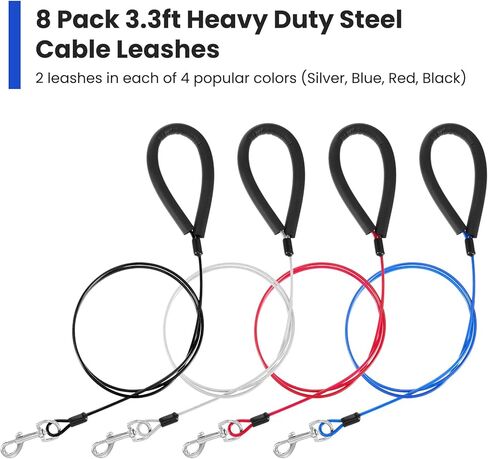 8 Pack Chew Proof Metal Dog Leash, 3.3ft Heavy Duty Steel Cable Leashes with 360° Swivel Clip, 2 of Each Color (Silver, Blue, Red, Black) for Small to Large Dogs in Kuwait