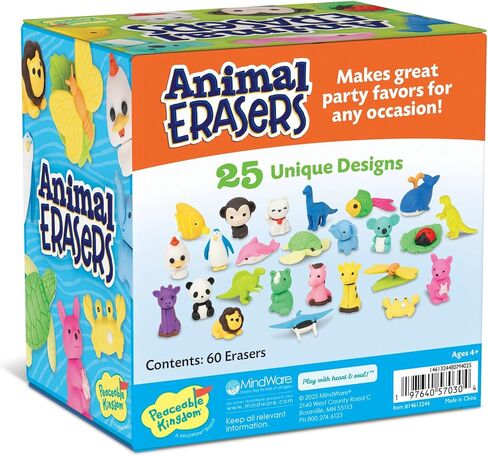 Peaceable Kingdom 60 Party Favors for Kids Fun Gift for Birthday, Classroom Prizes, Pinata and Goodie Bag Stuffers - Animal Erasers in Saudi Arabia