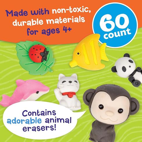 Peaceable Kingdom 60 Party Favors for Kids Fun Gift for Birthday, Classroom Prizes, Pinata and Goodie Bag Stuffers - Animal Erasers in Saudi Arabia
