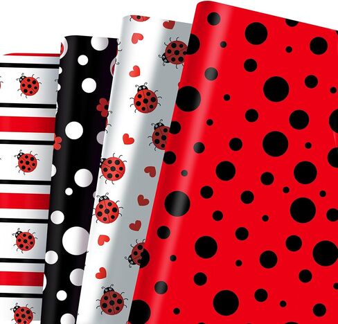 12 Sheet Ladybug Wrapping Paper, Lady Bug Birthday Gift Wrapping Paper 4 Insect Design Fancy Cute Ladybugs Red Black Pattern Gift Wrap Papers for Baby Shower Birthday Wedding Gift Packing, 20'' x 27'' in Saudi Arabia