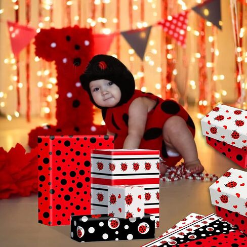 12 Sheet Ladybug Wrapping Paper, Lady Bug Birthday Gift Wrapping Paper 4 Insect Design Fancy Cute Ladybugs Red Black Pattern Gift Wrap Papers for Baby Shower Birthday Wedding Gift Packing, 20'' x 27'' in Saudi Arabia
