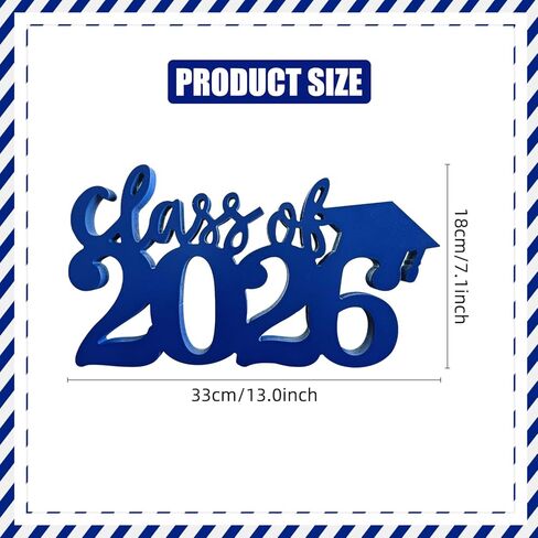 زينة التخرج 2026 قطع مركزية خشبية، 13 × 7.1 بوصة تصميم مجوف مزدوج الجوانب فئة 2026 زينة طاولة حفلات التخرج تهانينا لديكور طاولة حفلات التخرج (أزرق) in Kuwait