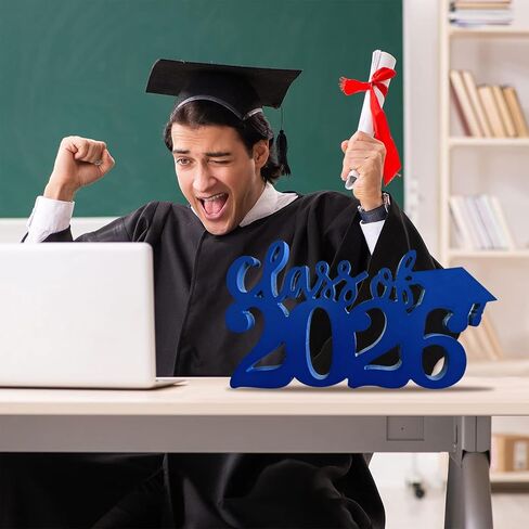 زينة التخرج 2026 قطع مركزية خشبية، 13 × 7.1 بوصة تصميم مجوف مزدوج الجوانب فئة 2026 زينة طاولة حفلات التخرج تهانينا لديكور طاولة حفلات التخرج (أزرق) in Kuwait