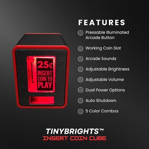 TinyBrights Insert Coin Cube - Pushable Insert Coin Button, Lights, & Arcade Sounds, Interactive Retro Arcade Desk Decor (Black Cube) in Saudi Arabia