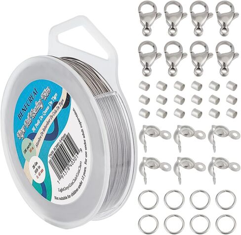 BENECREAT 295 Feet 304 Stainless Steel Beading Wire, Tiger Tail Wire 0.44mm 7-Strand with 200Pcs Crimp Beads, 100Pcs Bead Tips, 20Pcs Lobster Claw Clasps and 200Pcs Jump Rings for Jewelry Making in Saudi Arabia
