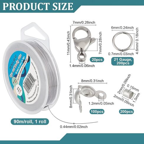 BENECREAT 295 Feet 304 Stainless Steel Beading Wire, Tiger Tail Wire 0.44mm 7-Strand with 200Pcs Crimp Beads, 100Pcs Bead Tips, 20Pcs Lobster Claw Clasps and 200Pcs Jump Rings for Jewelry Making in Saudi Arabia