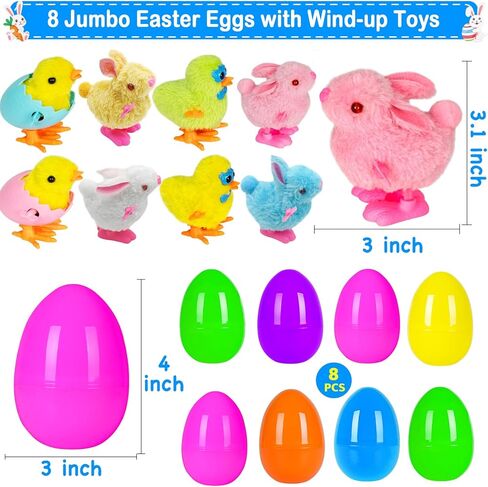 8 Pack Jumbo Easter Eggs Filled with Wind-Up Toys, Plush Chicks and Bunnies, Prefilled Easter Eggs for Kids Easter Hunt, Basket Stuffers, Party Favors and Classroom Prizes in Saudi Arabia