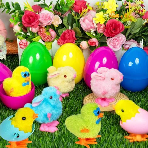 8 Pack Jumbo Easter Eggs Filled with Wind-Up Toys, Plush Chicks and Bunnies, Prefilled Easter Eggs for Kids Easter Hunt, Basket Stuffers, Party Favors and Classroom Prizes in Saudi Arabia