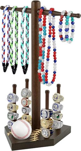 Frametory, Wooden Baseball Ring Display & Organizer - Championship Ring Holder with 4 Bat Posts, for Necklaces and Softball, Gift with Letter Stickers for Players in Saudi Arabia