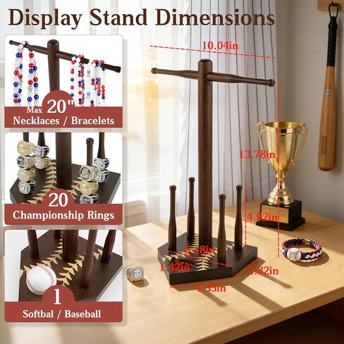 Frametory, Wooden Baseball Ring Display & Organizer - Championship Ring Holder with 4 Bat Posts, for Necklaces and Softball, Gift with Letter Stickers for Players in Saudi Arabia