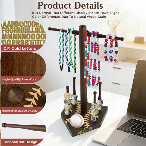 Frametory, Wooden Baseball Ring Display & Organizer - Championship Ring Holder with 4 Bat Posts, for Necklaces and Softball, Gift with Letter Stickers for Players in Saudi Arabia