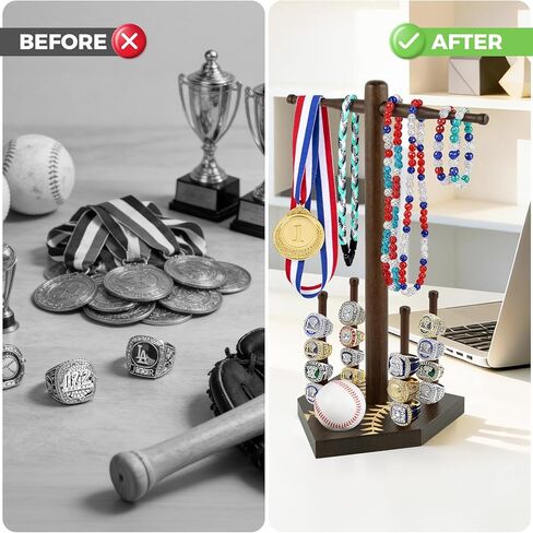 Frametory, Wooden Baseball Ring Display & Organizer - Championship Ring Holder with 4 Bat Posts, for Necklaces and Softball, Gift with Letter Stickers for Players in Saudi Arabia