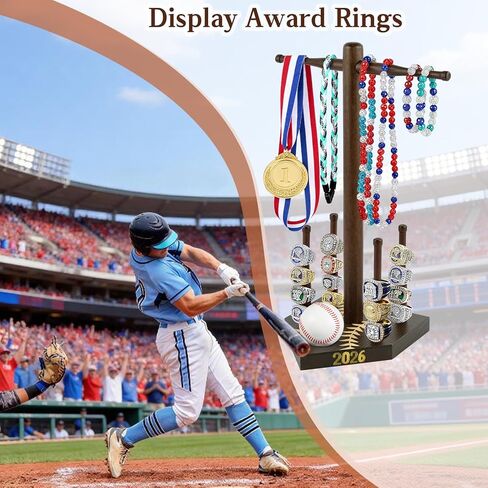 Frametory, Wooden Baseball Ring Display & Organizer - Championship Ring Holder with 4 Bat Posts, for Necklaces and Softball, Gift with Letter Stickers for Players in Saudi Arabia
