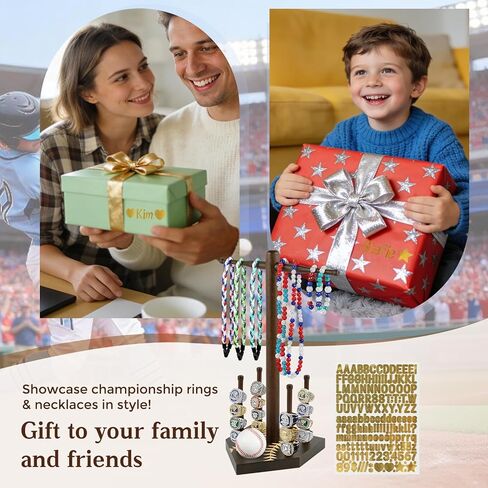 Frametory, Wooden Baseball Ring Display & Organizer - Championship Ring Holder with 4 Bat Posts, for Necklaces and Softball, Gift with Letter Stickers for Players in Saudi Arabia