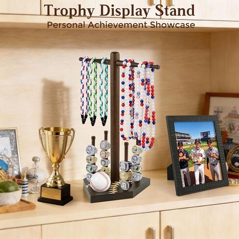 Frametory, Wooden Baseball Ring Display & Organizer - Championship Ring Holder with 4 Bat Posts, for Necklaces and Softball, Gift with Letter Stickers for Players in Saudi Arabia