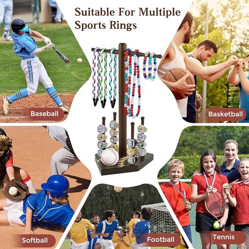 Frametory, Wooden Baseball Ring Display & Organizer - Championship Ring Holder with 4 Bat Posts, for Necklaces and Softball, Gift with Letter Stickers for Players in Saudi Arabia