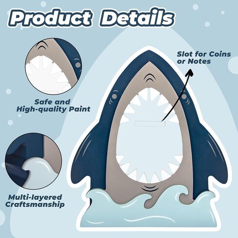 Wooden Shark Piggy Bank for Kids Boys, Creative Money Box with Clear Window in Mouth, Cute Ocean Nursery Bedroom Decor & Birthday Gift in Saudi Arabia