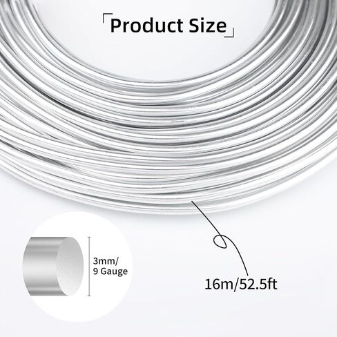 9 Gauge Aluminum Wire, 52.5FT Anodized Aluminum Wire for Sculpting, Beading Making Bendable Metal Wire for Jewelry Making Crafts Wreath Making Beading Floral(3mm,Silver) in Saudi Arabia