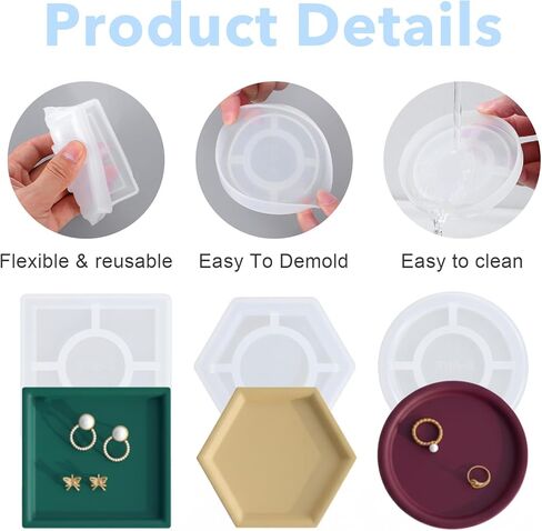 3 Pcs Silicone Coaster Molds for Resin, Resin Coaster Mold with Edges Round Square Hexagon Resins Tray Mold Soap Dish Silicone Molds for Casting Crafts, Trinket Jewelry Holder, Flower Preservation in Saudi Arabia