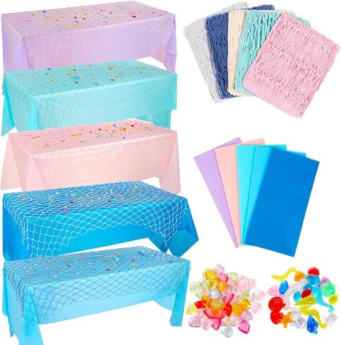 مجموعة مفارش طاولة حورية البحر مكونة من 10 قطع، 5 مفارش طاولة مقاومة للماء و5 زخارف شبكية للأسماك مع 70 قطعة من الأحجار الكريمة البلاستيكية، ديكور حفلات ذو طابع بحري لعيد ميلاد قرصان حورية البحر in Kuwait