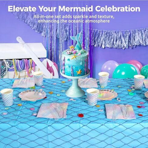 مجموعة مفارش طاولة حورية البحر مكونة من 10 قطع، 5 مفارش طاولة مقاومة للماء و5 زخارف شبكية للأسماك مع 70 قطعة من الأحجار الكريمة البلاستيكية، ديكور حفلات ذو طابع بحري لعيد ميلاد قرصان حورية البحر in Kuwait