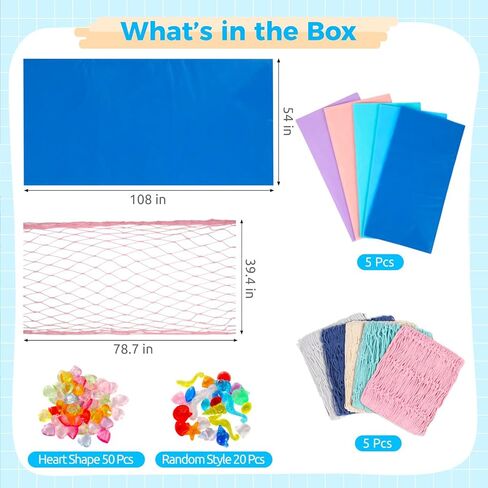 مجموعة مفارش طاولة حورية البحر مكونة من 10 قطع، 5 مفارش طاولة مقاومة للماء و5 زخارف شبكية للأسماك مع 70 قطعة من الأحجار الكريمة البلاستيكية، ديكور حفلات ذو طابع بحري لعيد ميلاد قرصان حورية البحر in Kuwait