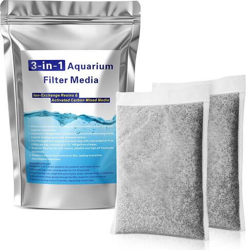 2 Pack 11oz Aquarium Filtration Media, Extruded Carbon & Ion Exchange Resin in Nylon Bags, Treats 75-100 Gallons Per Bag, Removes Phosphates & Metals for Reef, Marine, Jellyfish & High pH Aquariums in Saudi Arabia