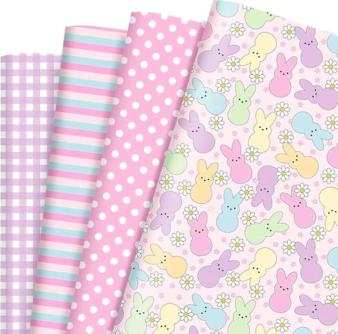 Fabllewavi 12 Sheets Easter Peeps Bunny Wrapping Paper - Not Roll - 19.7 x 27.6 Inch Pastel Retro Rabbit Daisy Patterns Gift Wrap Paper for Spring Easter Baby Shower Party Supplies, 4 Styles in Saudi Arabia