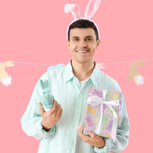 Fabllewavi 12 Sheets Easter Peeps Bunny Wrapping Paper - Not Roll - 19.7 x 27.6 Inch Pastel Retro Rabbit Daisy Patterns Gift Wrap Paper for Spring Easter Baby Shower Party Supplies, 4 Styles in Saudi Arabia