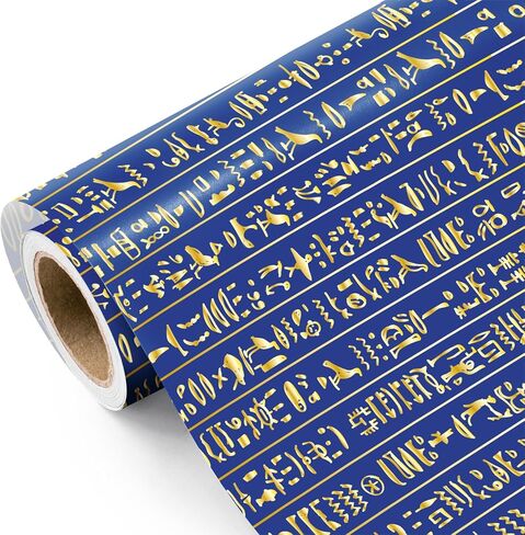 ورق تغليف الهيروغليفية المصرية القديمة من WRAPAHOLIC - لفة صغيرة - 17 بوصة × 16.5 قدم - ورق تغليف رسومي مصري باللونين الأزرق والذهبي لأعياد الميلاد، الويكا، الوثنيين، المؤرخين الساحرات in Kuwait
