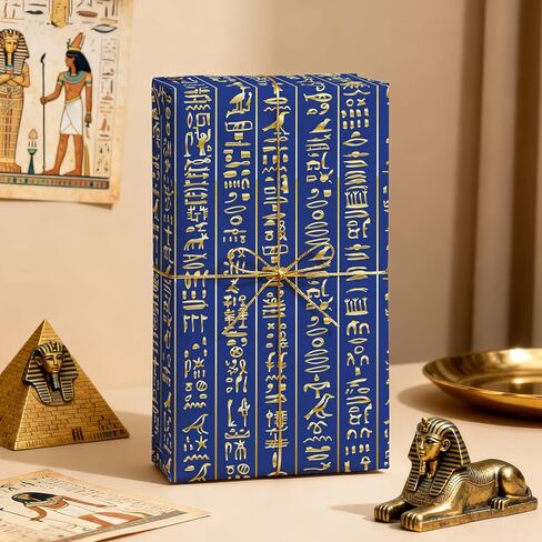 ورق تغليف الهيروغليفية المصرية القديمة من WRAPAHOLIC - لفة صغيرة - 17 بوصة × 16.5 قدم - ورق تغليف رسومي مصري باللونين الأزرق والذهبي لأعياد الميلاد، الويكا، الوثنيين، المؤرخين الساحرات in Kuwait