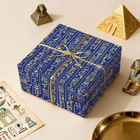 ورق تغليف الهيروغليفية المصرية القديمة من WRAPAHOLIC - لفة صغيرة - 17 بوصة × 16.5 قدم - ورق تغليف رسومي مصري باللونين الأزرق والذهبي لأعياد الميلاد، الويكا، الوثنيين، المؤرخين الساحرات in Kuwait