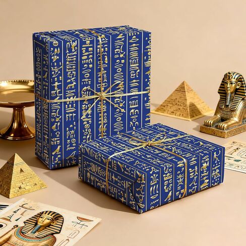 ورق تغليف الهيروغليفية المصرية القديمة من WRAPAHOLIC - لفة صغيرة - 17 بوصة × 16.5 قدم - ورق تغليف رسومي مصري باللونين الأزرق والذهبي لأعياد الميلاد، الويكا، الوثنيين، المؤرخين الساحرات in Kuwait