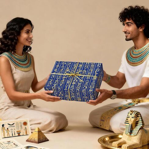ورق تغليف الهيروغليفية المصرية القديمة من WRAPAHOLIC - لفة صغيرة - 17 بوصة × 16.5 قدم - ورق تغليف رسومي مصري باللونين الأزرق والذهبي لأعياد الميلاد، الويكا، الوثنيين، المؤرخين الساحرات in Kuwait