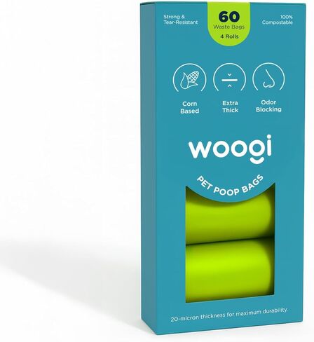أكياس فضلات الكلاب القابلة للتحلل بيولوجيًا من Woogi - 60 كيسًا سميكًا للغاية ومضاد للتسرب (4 لفات)، أكياس نفايات الحيوانات الأليفة صديقة للبيئة وقابلة للتحلل مصنوعة من نشا الذرة، غير معطرة، حاجز للرائحة in Kuwait