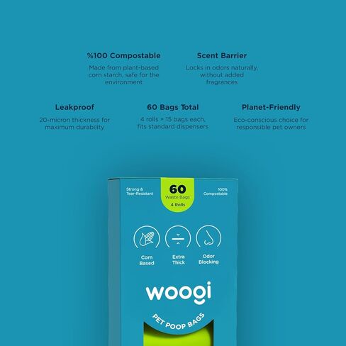 أكياس فضلات الكلاب القابلة للتحلل بيولوجيًا من Woogi - 60 كيسًا سميكًا للغاية ومضاد للتسرب (4 لفات)، أكياس نفايات الحيوانات الأليفة صديقة للبيئة وقابلة للتحلل مصنوعة من نشا الذرة، غير معطرة، حاجز للرائحة in Kuwait