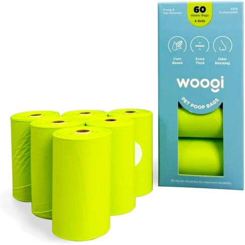 أكياس فضلات الكلاب القابلة للتحلل بيولوجيًا من Woogi - 60 كيسًا سميكًا للغاية ومضاد للتسرب (4 لفات)، أكياس نفايات الحيوانات الأليفة صديقة للبيئة وقابلة للتحلل مصنوعة من نشا الذرة، غير معطرة، حاجز للرائحة in Kuwait