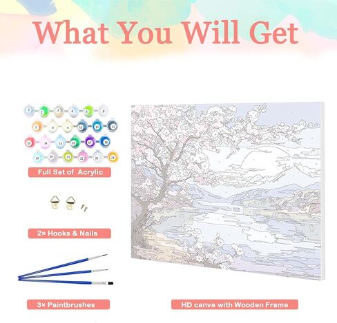 Auremi Landscape Paint by Number Kits with Framed, DIY Flower Paint by Number Canvas for Adults, Easy Acrylic in Canvas with Brushes for Decor 20x30cm in Saudi Arabia