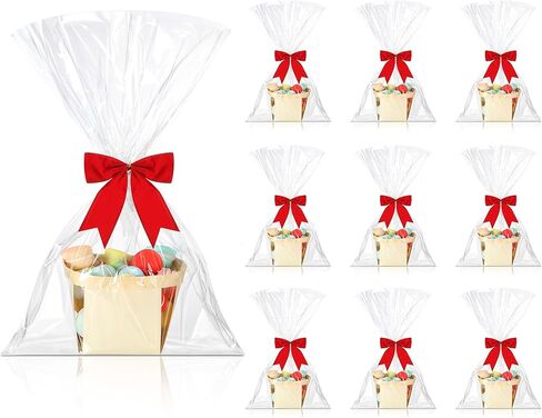 Yerliker 10 Set Christmas Wooden Gift Baskets Empty 4 Inches Berry Basket Imitation Jute Bows Clear Treat Bags Set for Christmas DIY Picking Fruit Birthday Decorations Wedding Gift Packages in Kuwait
