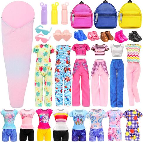 BARWA 26 Pcs Doll Travel Camping Set Includes 7 Sets Doll Clothes, Sleeping Bag, Backpack, Sport Bottles, Telescope,Glasses, Shoes Camping Accessories for 11.5 Inch Dolls in Saudi Arabia