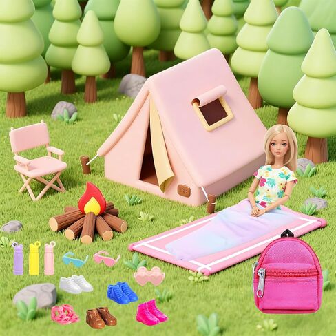 BARWA 26 Pcs Doll Travel Camping Set Includes 7 Sets Doll Clothes, Sleeping Bag, Backpack, Sport Bottles, Telescope,Glasses, Shoes Camping Accessories for 11.5 Inch Dolls in Saudi Arabia