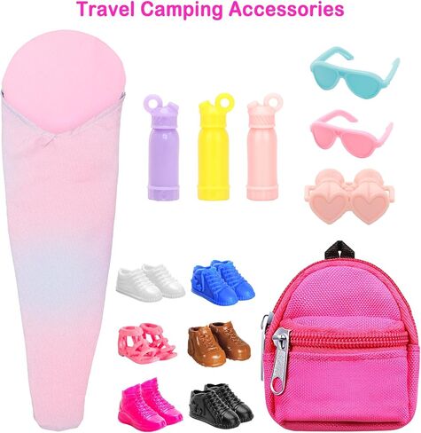 BARWA 26 Pcs Doll Travel Camping Set Includes 7 Sets Doll Clothes, Sleeping Bag, Backpack, Sport Bottles, Telescope,Glasses, Shoes Camping Accessories for 11.5 Inch Dolls in Saudi Arabia