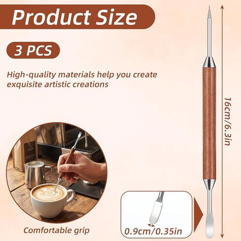 TIESOME 3 Pack Latte Art Pen Set, Double-Ended Stainless Steel Barista Tools with Wood Handle Professional Coffee Drawing Tool for Espresso Designs Home and Cafe Use in Saudi Arabia