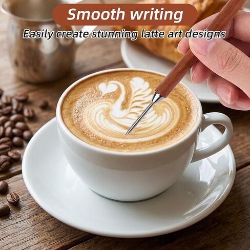 TIESOME 3 Pack Latte Art Pen Set, Double-Ended Stainless Steel Barista Tools with Wood Handle Professional Coffee Drawing Tool for Espresso Designs Home and Cafe Use in Saudi Arabia