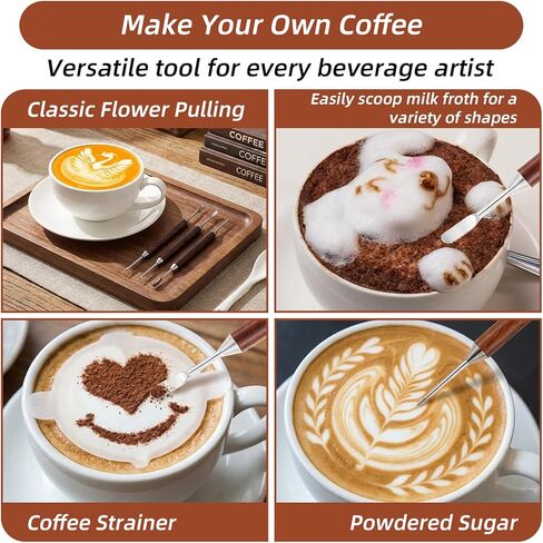 TIESOME 3 Pack Latte Art Pen Set, Double-Ended Stainless Steel Barista Tools with Wood Handle Professional Coffee Drawing Tool for Espresso Designs Home and Cafe Use in Saudi Arabia